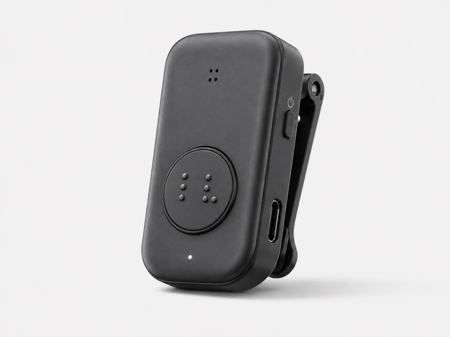 Concept render of the compact wearable haptic receiver clip.